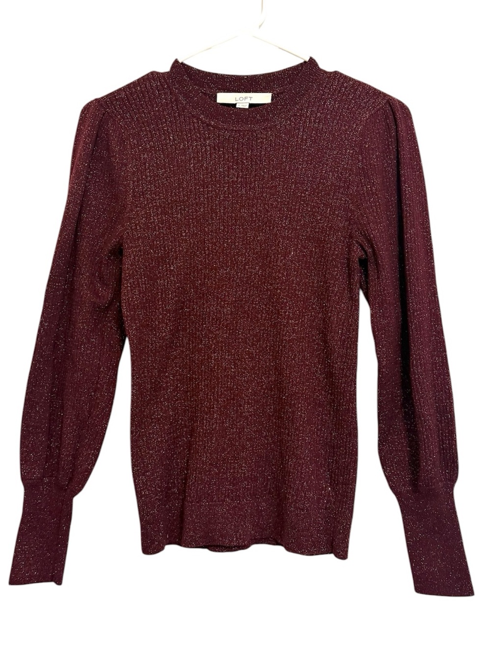 2/$30 LOFT Burgundy Metallic Ribbed Knit Sweater Puff Sleeve Size Small